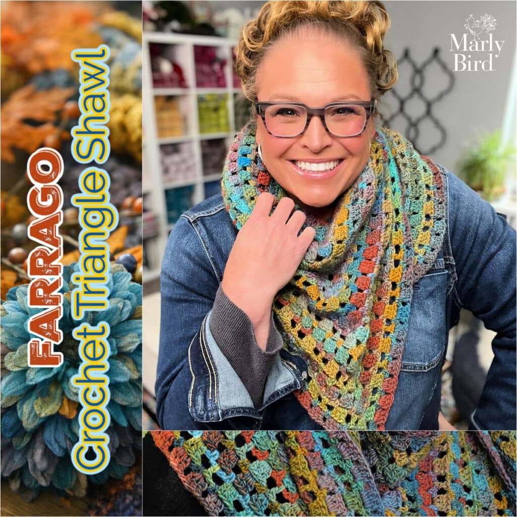 Woman in glasses models a colorful crocheted triangle shawl; close-up shows detailed textured stitch pattern.
