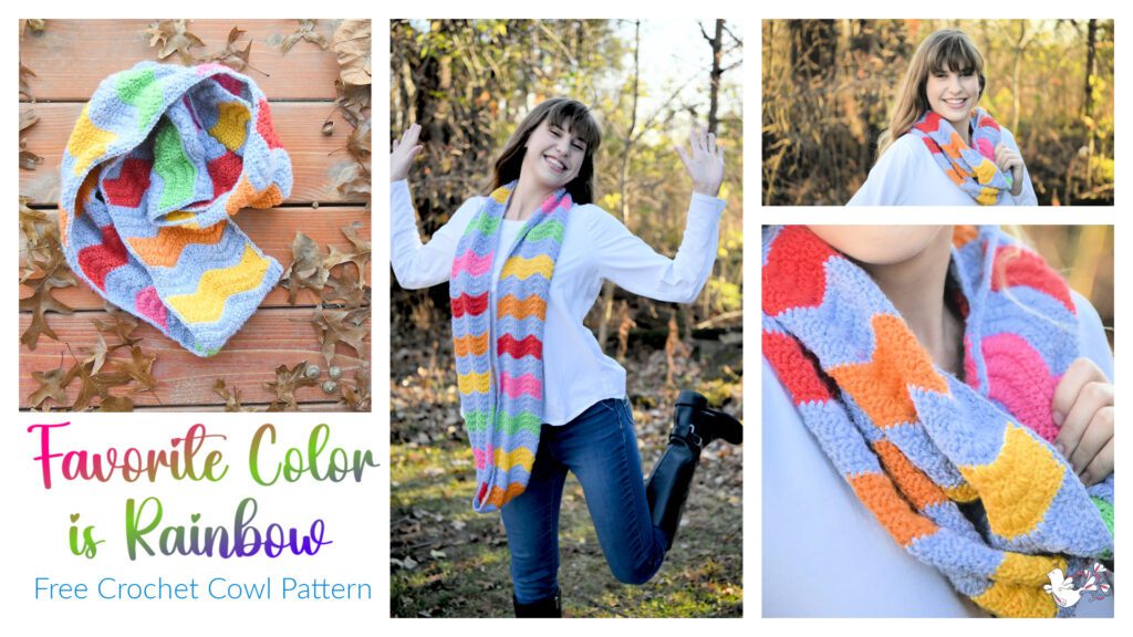 Collage of a young woman modeling a colorful crochet cowl. The cowl features a bright rainbow pattern. She is outdoors, posing energetically in some images and showing a close-up of the cowl's texture in another. Text reads "Favorite Color is Rainbow" and "Free Crochet Cowl Pattern. -Marly Bird