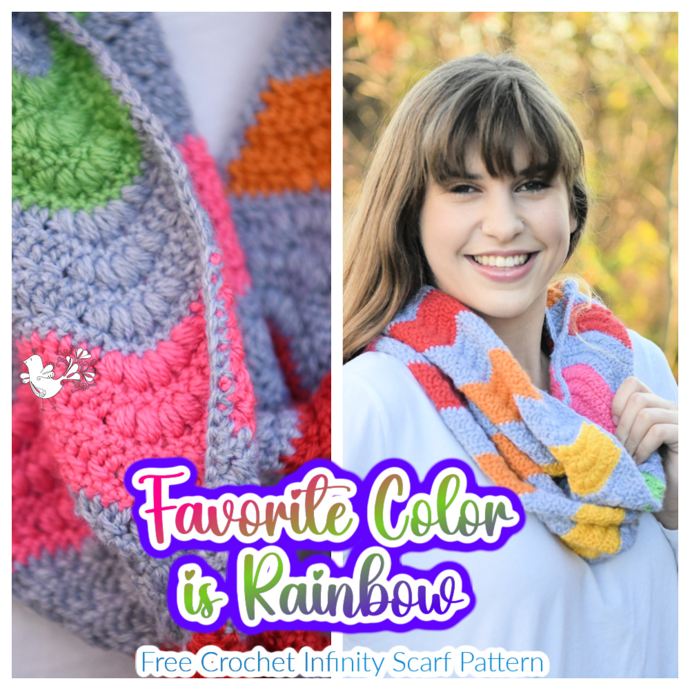 Split image showcasing a colorful, easy crochet infinity scarf. The left side highlights the scarf's vibrant pattern with a small white bird illustration. On the right side, a smiling person wears the scarf. Text reads "Favorite Color is Rainbow" and "Free Crochet Infinity Scarf Pattern. -Marly Bird