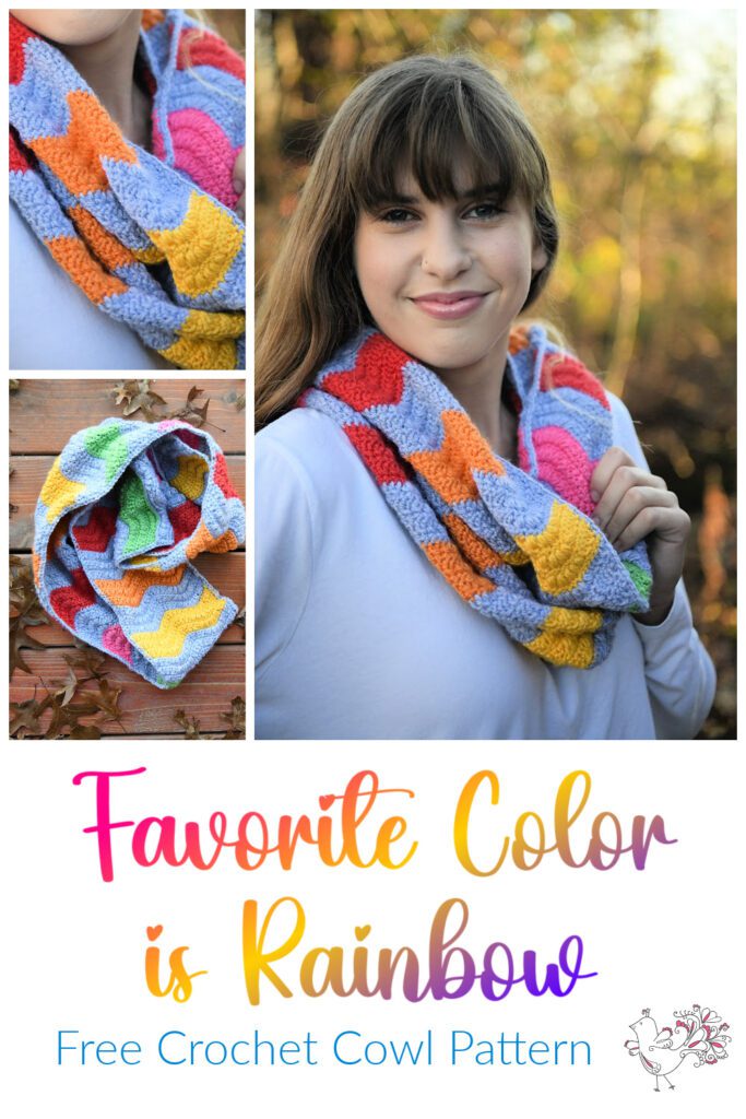 A woman wearing a colorful striped crochet cowl smiles at the camera. The cowl has vibrant colors including red, yellow, blue, purple, and green. The text reads "Favorite Color is Rainbow - Free Crochet Cowl Pattern." Additional images of the cowl are shown. -Marly Bird