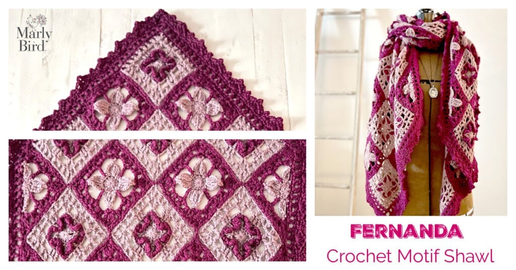 Collage showing a purple and pink crochet motif shawl with floral patterns. Close-up and full views highlight the textured square motifs. Text reads: "FERNANDA Crochet Motif Shawl" and "Marly Bird. -Marly Bird