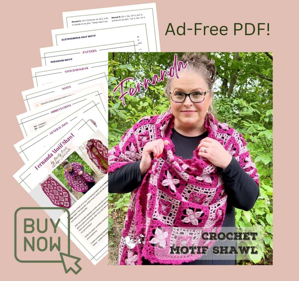 A woman wearing glasses displays a pink and purple crochet motif shawl outdoors. PDF crochet pattern pages are shown, with text: "Ad-Free PDF!", "Fernanda Crochet Motif Shawl," and a "Buy Now" button. -Marly Bird