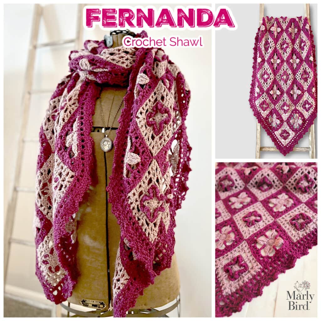 A mannequin displays a handmade crochet shawl in burgundy and beige square motifs. Two close-ups show the shawl’s floral and geometric patterns. Text reads "FERNANDA Crochet Shawl" and "Marly Bird. -Marly Bird