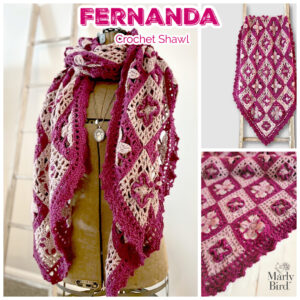 Burgundy and beige crochet shawl with floral granny squares, scalloped edging, shown on dress form and ladder.