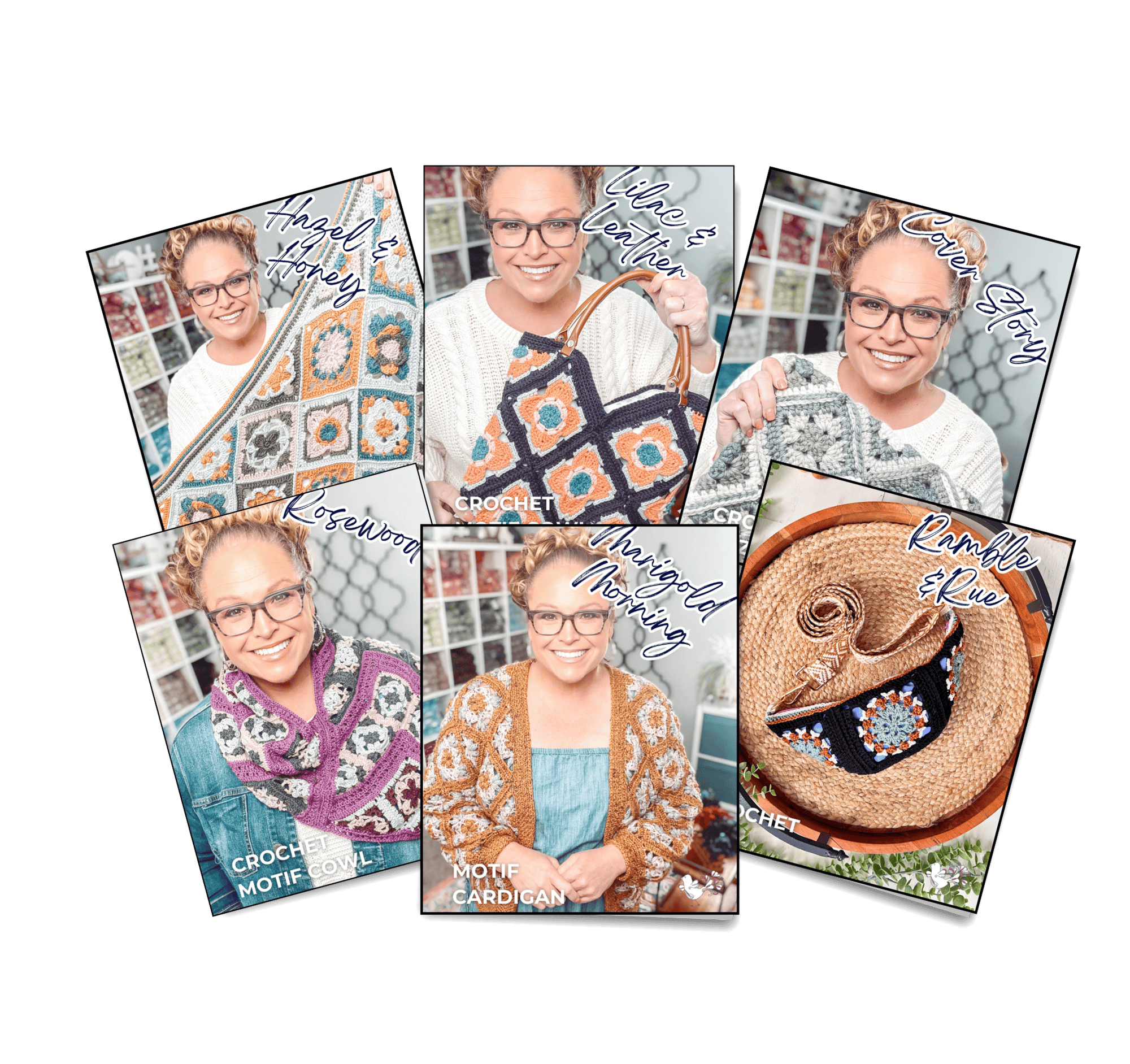 A smiling woman wearing glasses showcases various crochet projects, including a bag, scarf, blanket, cardigan, and a coiled mat, each with colorful patterns, in a collage of six labeled photos. -Marly Bird