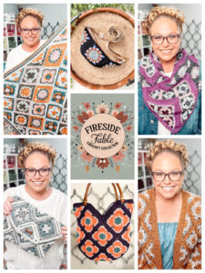 A smiling woman displays various crocheted items, including blankets, bags, and a scarf with floral or geometric patterns in earthy colors. A logo in the center reads “Fireside Fable Crochet Collection—featuring free knitting and crochet patterns.”. -Marly Bird