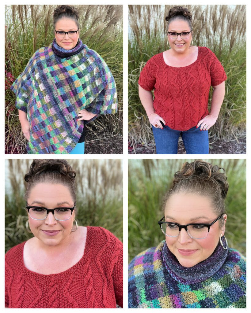 Group of 4 images of Marly Bird wearing the First Fall Knitting and Crochet Projects - Poncho and Sweater. First Fall Make-Along 2023