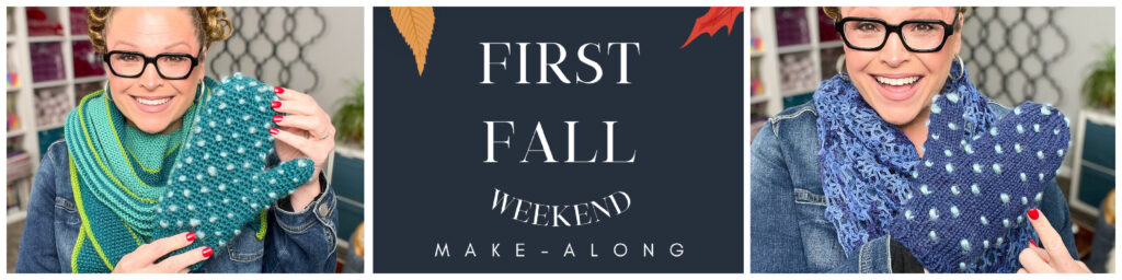 A smiling person wearing glasses shows off a blue knit mitt in two photos. In between, text reads: "First Fall 2025 Knit and Crochet Make-Along" with autumn leaves as decoration. -Marly Bird