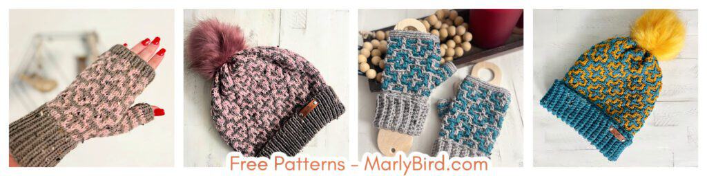 A collage showcasing winter accessories: a pink and gray knitted glove, a pink and gray hat with a fur pom-pom, blue and gray fingerless gloves on wooden boards, and a teal and yellow hat with a yellow pom-pom. Perfect for cozy fall weekends. Text reads, "Free Patterns - MarlyBird.com". -Marly Bird