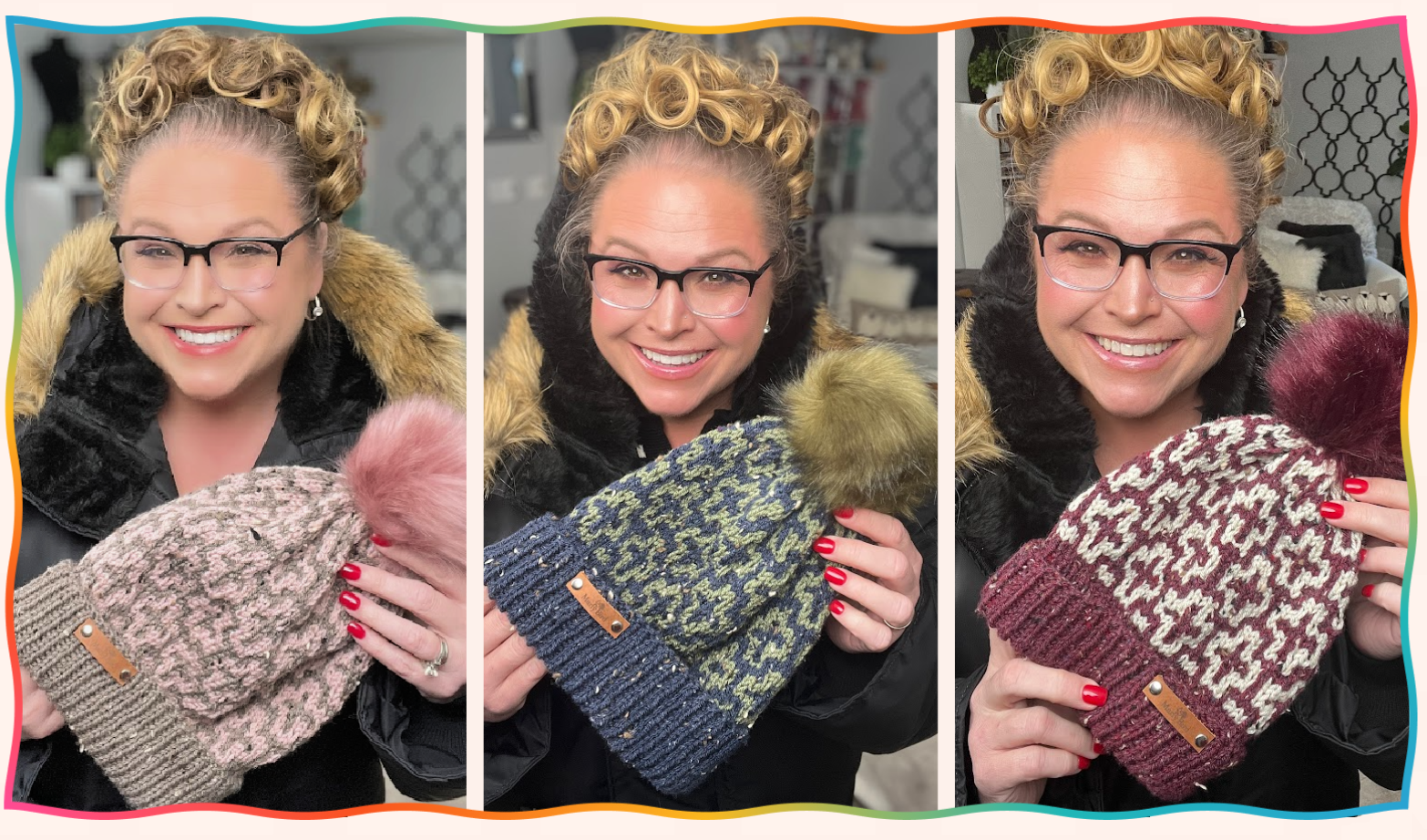 A person with curly hair and glasses, wearing a black fur coat, smiles while holding three knit beanies—a creation inspired by Marly Bird. The beanies are pink, blue, and maroon, each adorned with charming pom-poms and distinct patterns in separate images. -Marly Bird