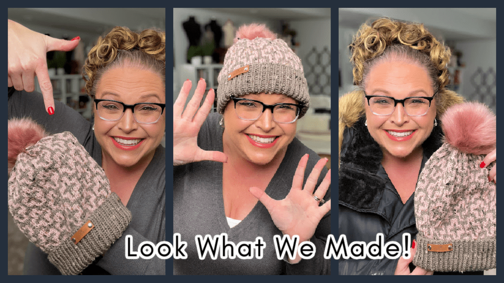 A woman in three side-by-side images showcases a mosaic knit hat with a pink pom-pom, reminiscent of falling leaves. She is smiling, pointing at the hat, and wearing glasses. Text at the bottom reads, "Look What We Made! Free Pattern Available! -Marly Bird