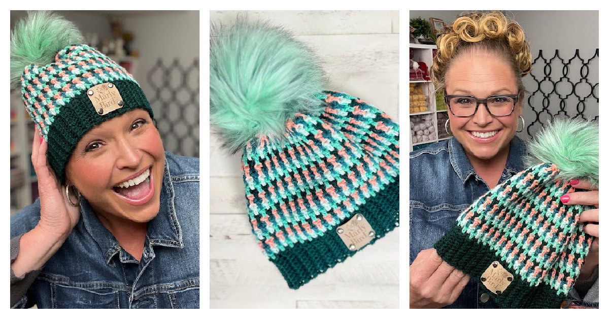 A smiling woman in a denim jacket models and holds a colorful Crochet Hat with a green pom-pom from the Flicker and Flash Free Crochet Pattern, shown in two portraits and one close-up of the hat on a white background. -Marly Bird