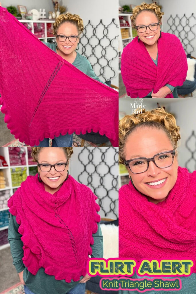 Bright pink knit triangle shawl with textured stitches and scalloped edge, shown worn; "FLIRT ALERT Knit Triangle Shawl.