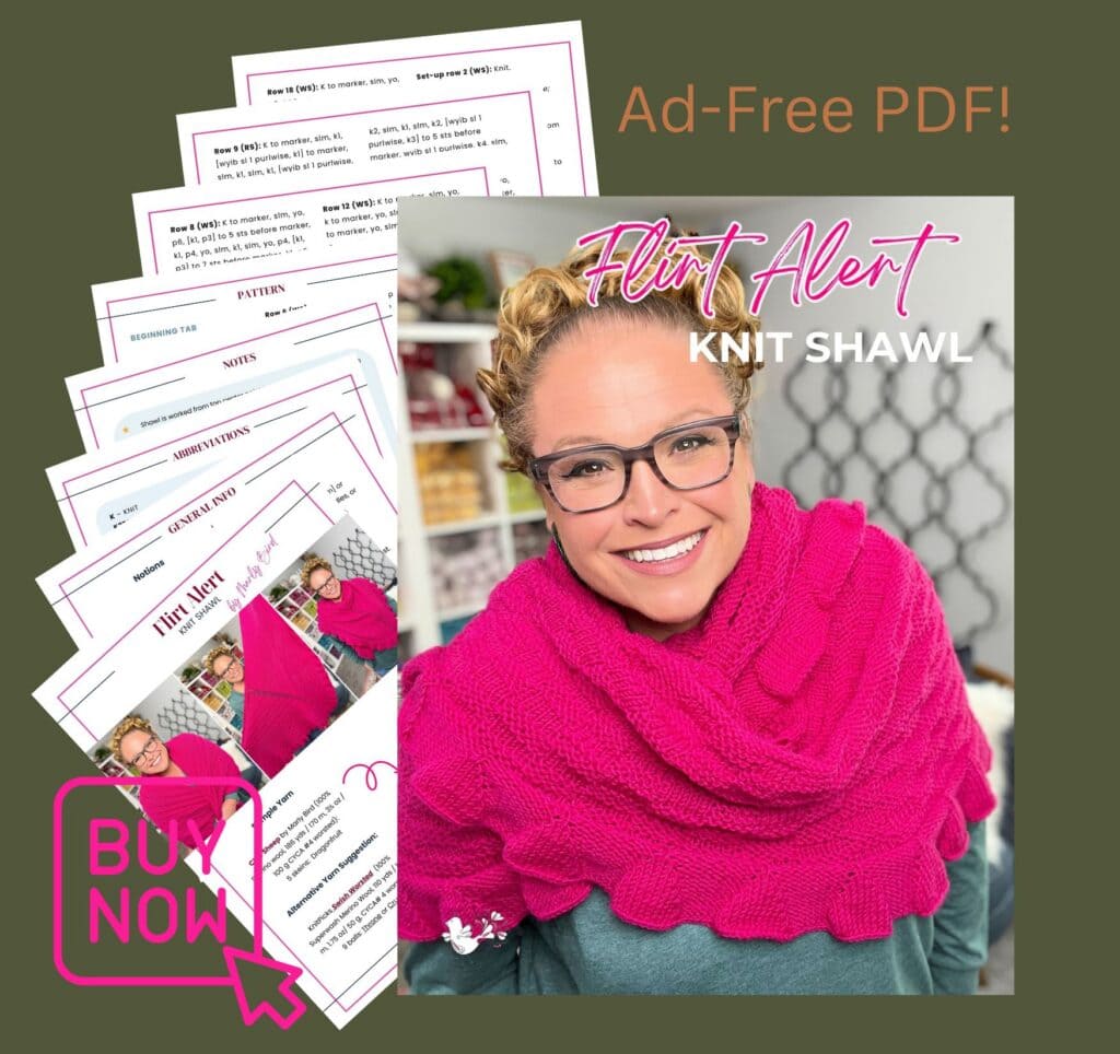 Woman wearing a bright pink textured knit shawl; knitting pattern preview pages shown behind her.