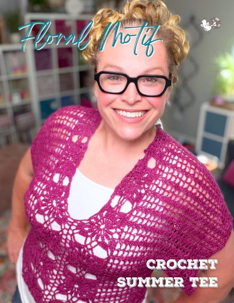 Free crochet floral motif tee pattern in purple — full-length wear shot of the size-inclusive lacy summer sweater