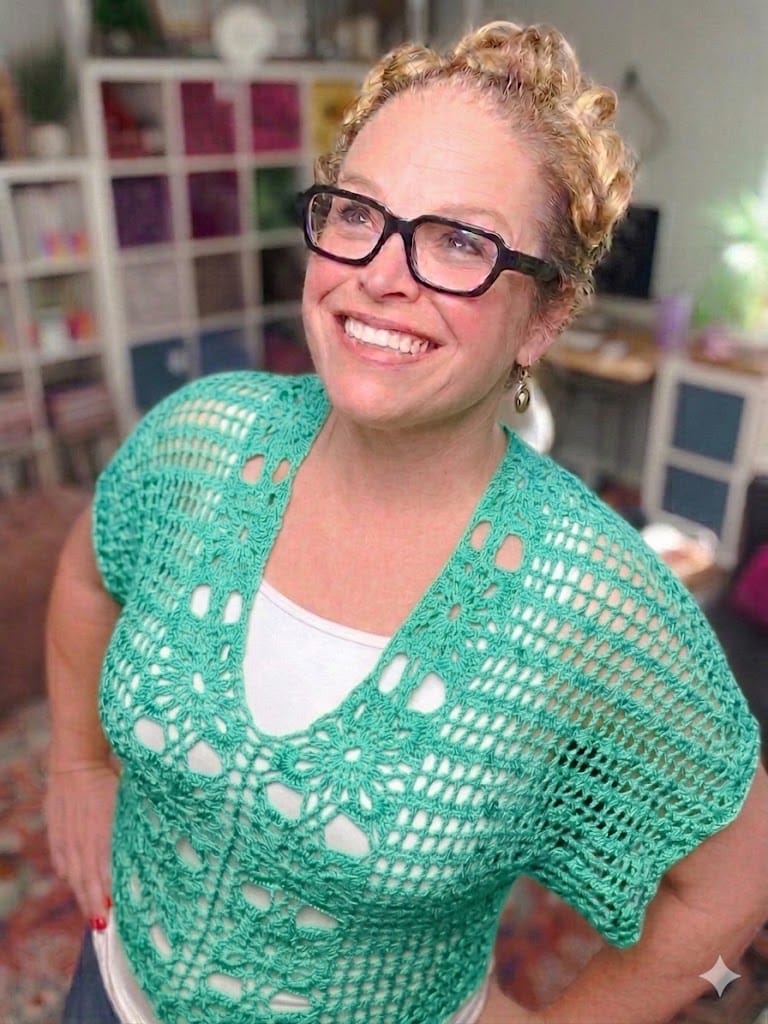 Free crochet floral motif tee pattern in aquamarine — size-inclusive lacy summer crochet sweater by Marly Bird