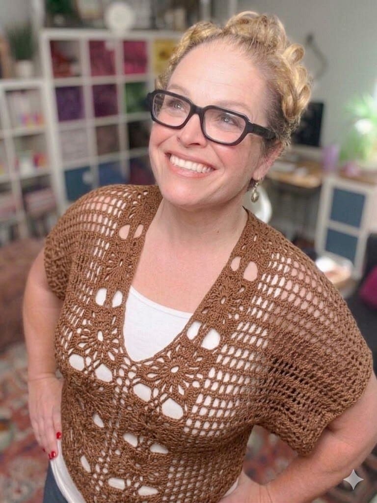 Free crochet floral motif tee pattern in brown — size-inclusive lacy summer crochet sweater by Marly Bird