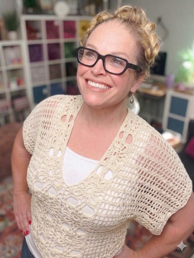 Free crochet floral motif tee pattern in cream — size-inclusive lacy summer crochet sweater by Marly Bird