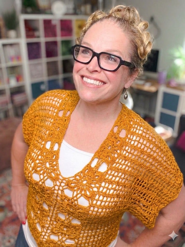 Free crochet floral motif tee pattern in mustard gold — size-inclusive lacy summer crochet sweater by Marly Bird