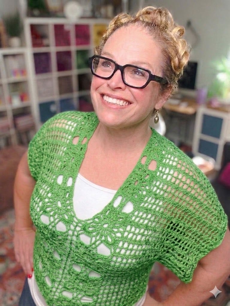 Free crochet floral motif tee pattern in grass green — size-inclusive lacy summer crochet sweater by Marly Bird