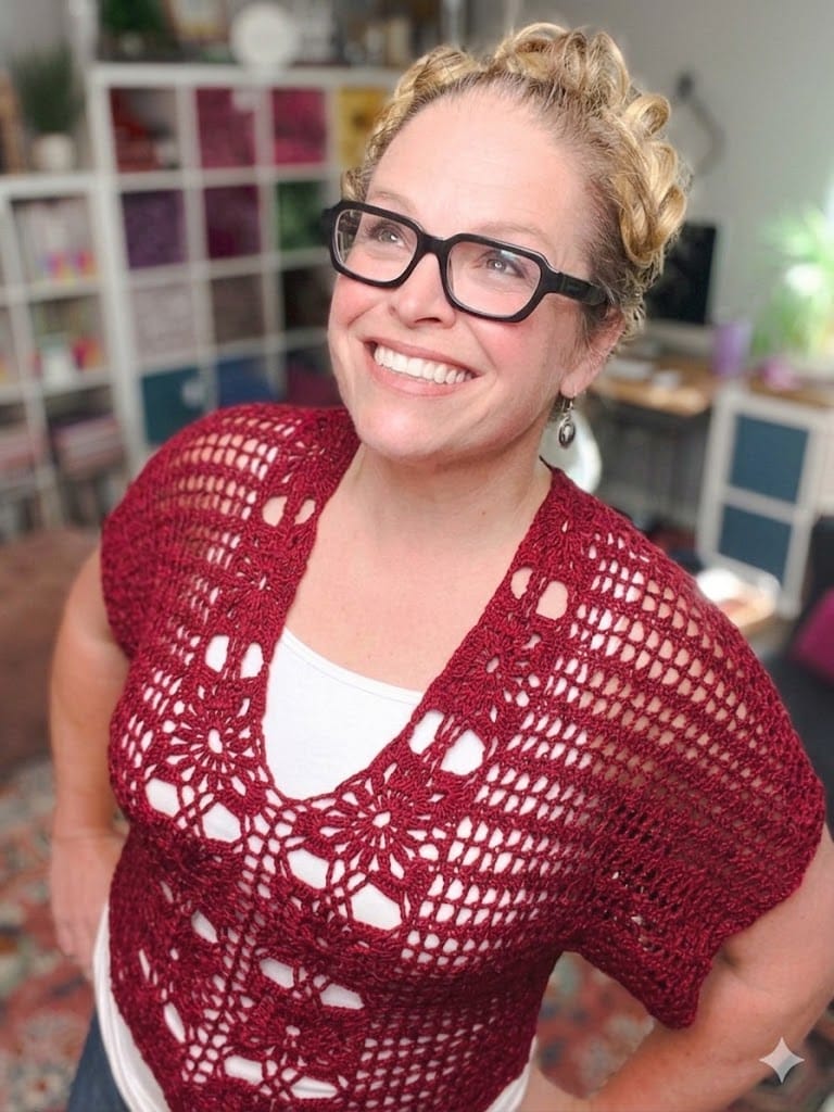 Free crochet floral motif tee pattern in red — size-inclusive lacy summer crochet sweater by Marly Bird