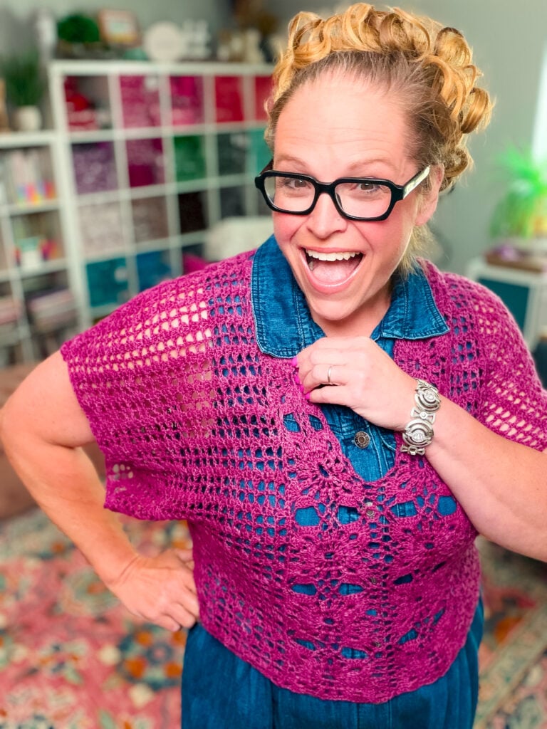Crochet floral motif tee free pattern — full-length view of the lacy purple summer crochet sweater