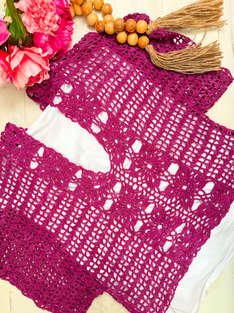 Crochet floral motif tee free pattern — detailed view of the lacy purple summer crochet sweater by Marly Bird