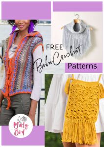 Boho Crochet Patterns montage: left side multi color crochet vest in orange, lilac, grey stripes; top right - light grey tassel cowl on white background; bottom right - bright yellow crochet bag with tassel bottom against white skirt.