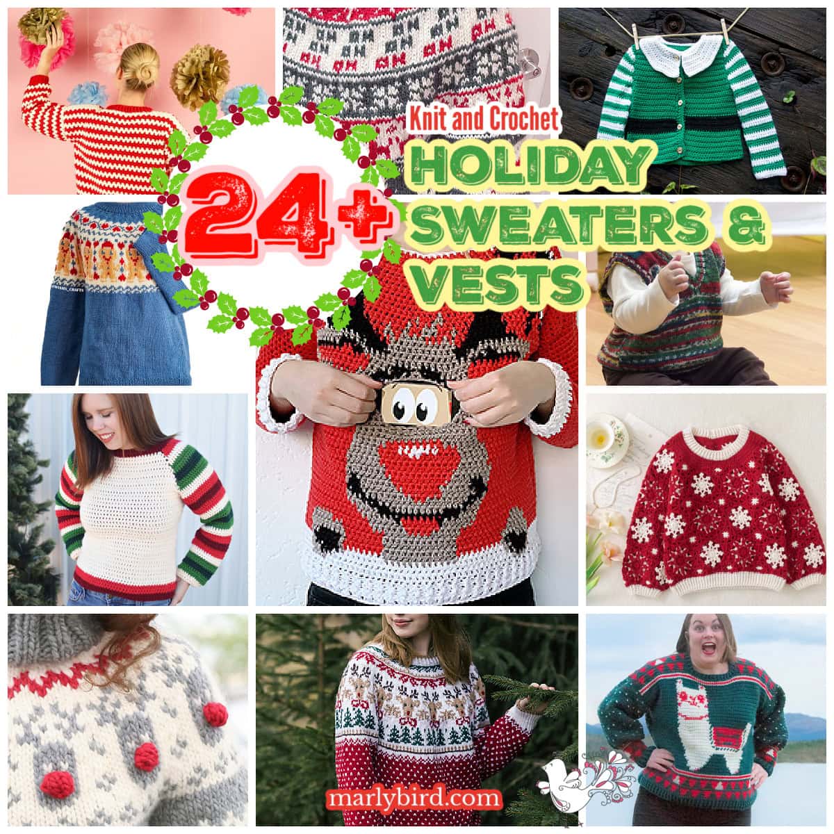 A collage displays various colorful holiday sweaters and vests, including festive holiday sweater designs like reindeer, pom-poms, hearts, and snowflakes. Text in the center reads "24+ Holiday Sweaters & Vests. -Marly Bird