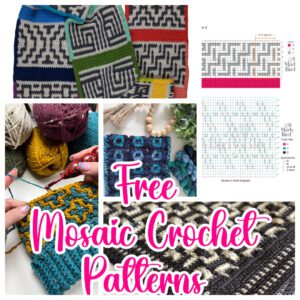 A vibrant collage of mosaic crochet patterns showcases an array of colorful yarn, intricate projects, and detailed diagrams. The bold pink text proudly announces "Free Mosaic Crochet Patterns" for enthusiasts and beginners alike to explore. -Marly Bird