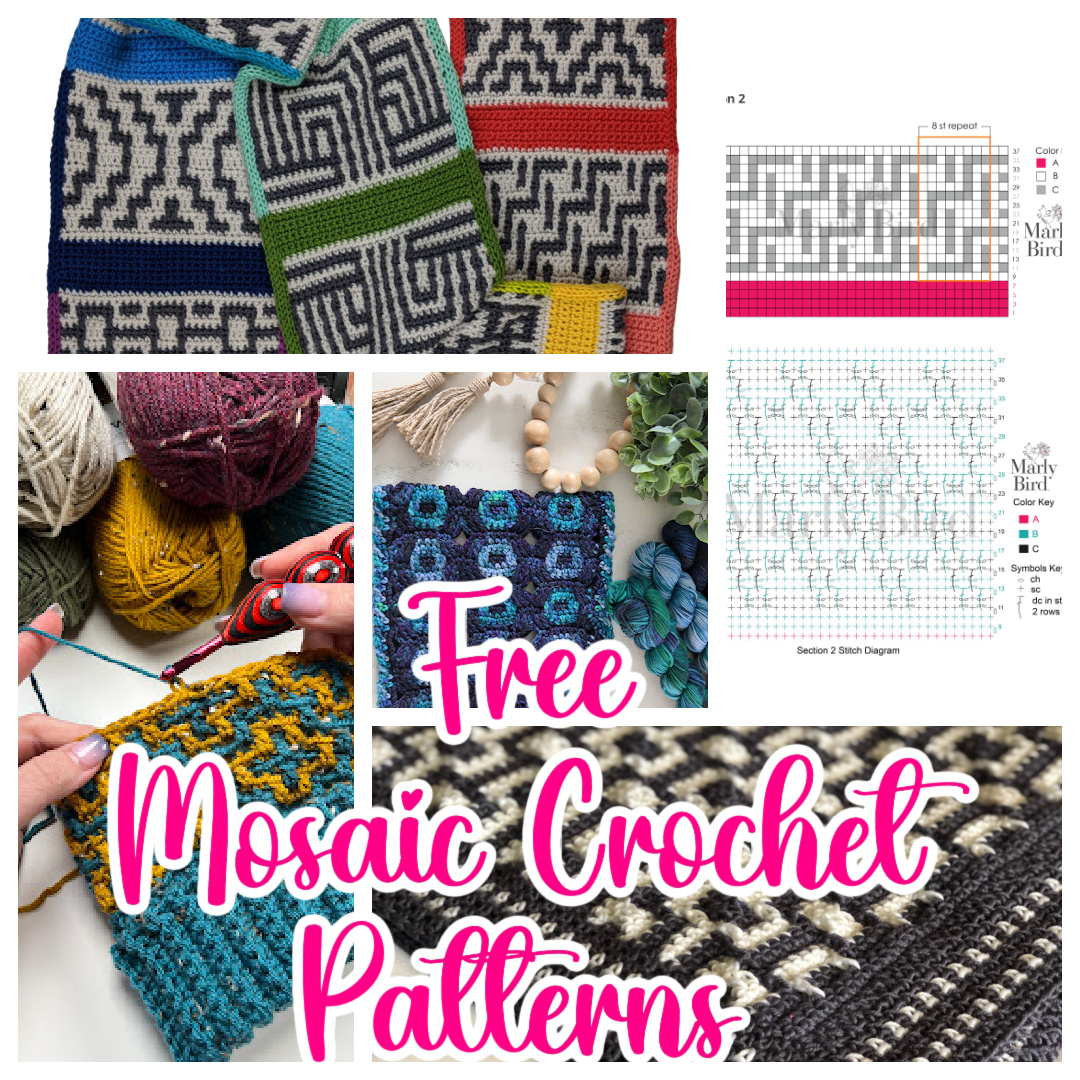 A vibrant collage of mosaic crochet patterns showcases an array of colorful yarn, intricate projects, and detailed diagrams. The bold pink text proudly announces "Free Mosaic Crochet Patterns" for enthusiasts and beginners alike to explore. -Marly Bird