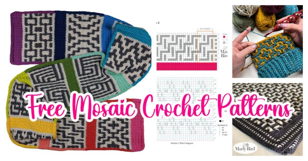 A vibrant collage features intricate mosaic crochet patterns, complete with colorful pieces and a detailed pattern chart. Close-up shots capture yarns and crochet works in progress. The text exclaims, "Discover Free Mosaic Crochet Patterns. -Marly Bird