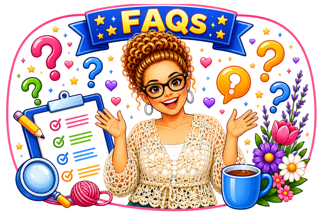 A smiling woman with curly hair gestures under a "FAQS" banner, surrounded by yarn, coffee, stationery, flowers, and question marks.