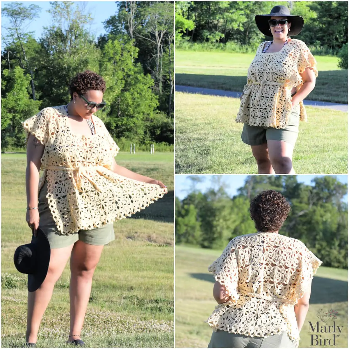 Woman models a crocheted summer top with open stitchwork, showing airy texture; paired with shorts and accessories outdoors.