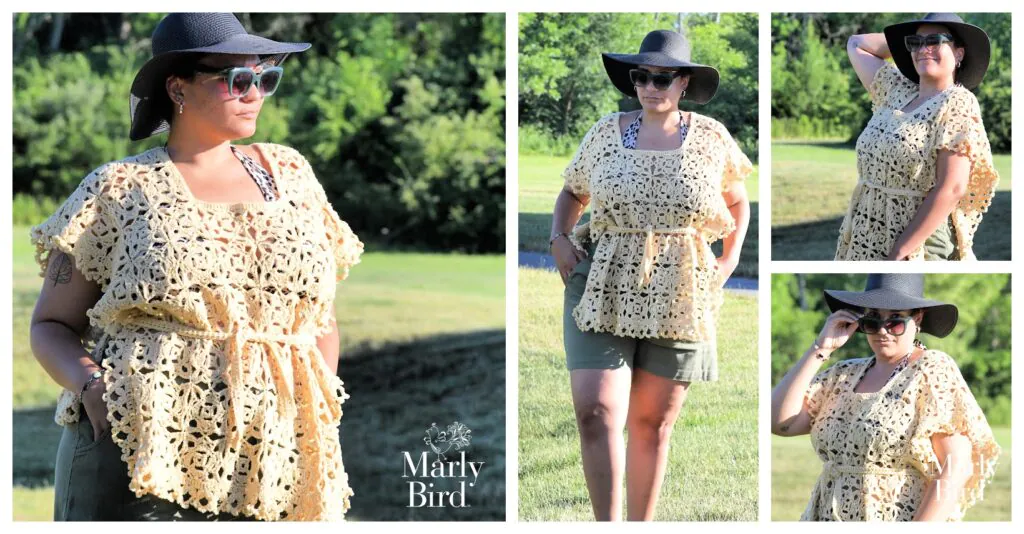 Woman models lacy yellow crochet top outdoors, layered over tank and shorts; multiple views show stitch detail and texture.