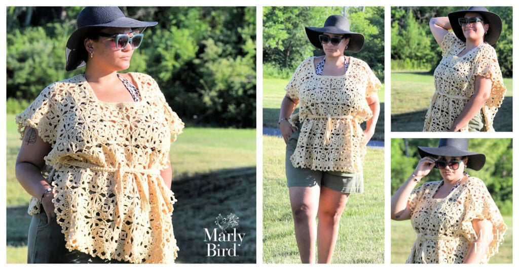 Woman models a yellow crocheted top outdoors, showing stitch texture and fit; wide-brim hat and sunglasses accessorize the look.