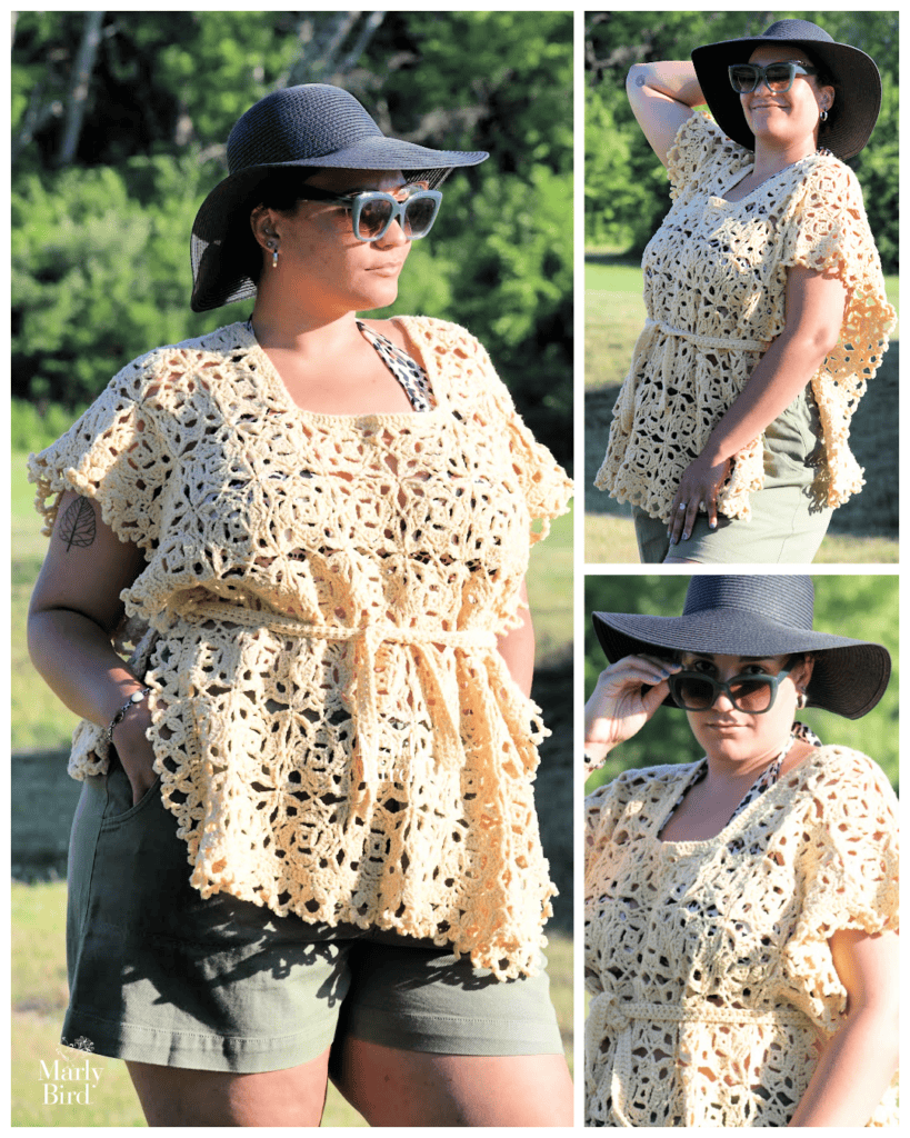 Woman wears a light yellow crochet top with open stitches over a tank, showcasing airy texture; outdoors on grass.