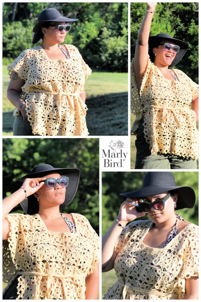 Woman models a yellow crochet summer top; close-ups highlight stitch detail and texture, outdoors amid greenery. Marly Bird logo center.