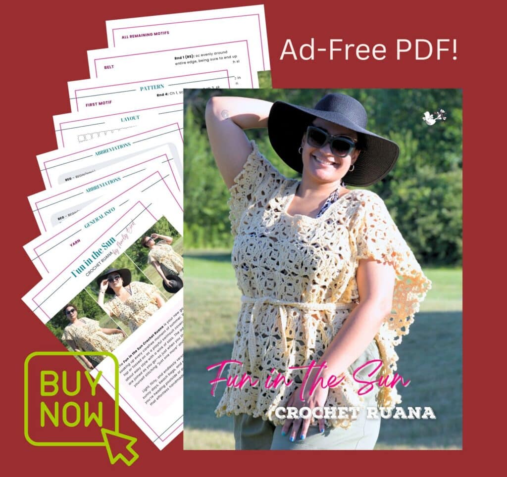 Woman in sunglasses and sunhat wears a lacy crochet ruana with openwork stitch detail; stack of pattern pages beside her.