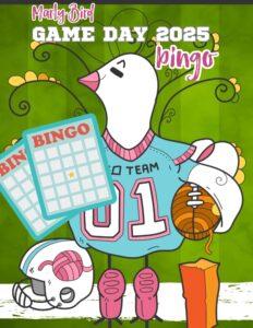 Cartoon bird in a football jersey holds a football and bingo cards, with a helmet at its feet. Text reads, "Marly Bird Mystery Make-Along Game Day 2025 Bingo." Green background with abstract swirl patterns. -Marly Bird