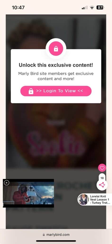 Screenshot of a website displaying a login prompt to unlock exclusive content from Marly Bird, including free patterns. The page features a blurred background image and a small video thumbnail on the bottom left. A profile icon is visible in the lower right corner, inviting you to GROW your creative skills. -Marly Bird