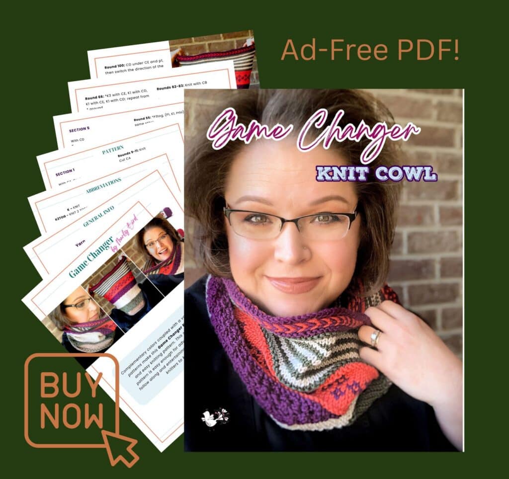 Woman wears a vibrant hand-knit cowl with textured stitches; sample pattern pages and "Buy Now" button also visible.