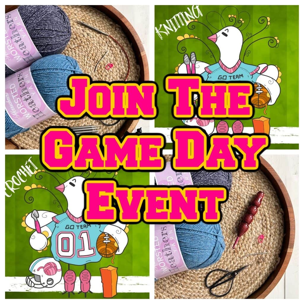 Join The Game Day Event! A lively collage features yarn and needles for knitting alongside a bird in a blue jersey, while below, discover yarn and hooks for crochet with a similar bird sporting pink. Plus, get your hands on a free crochet headband pattern!. -Marly Bird