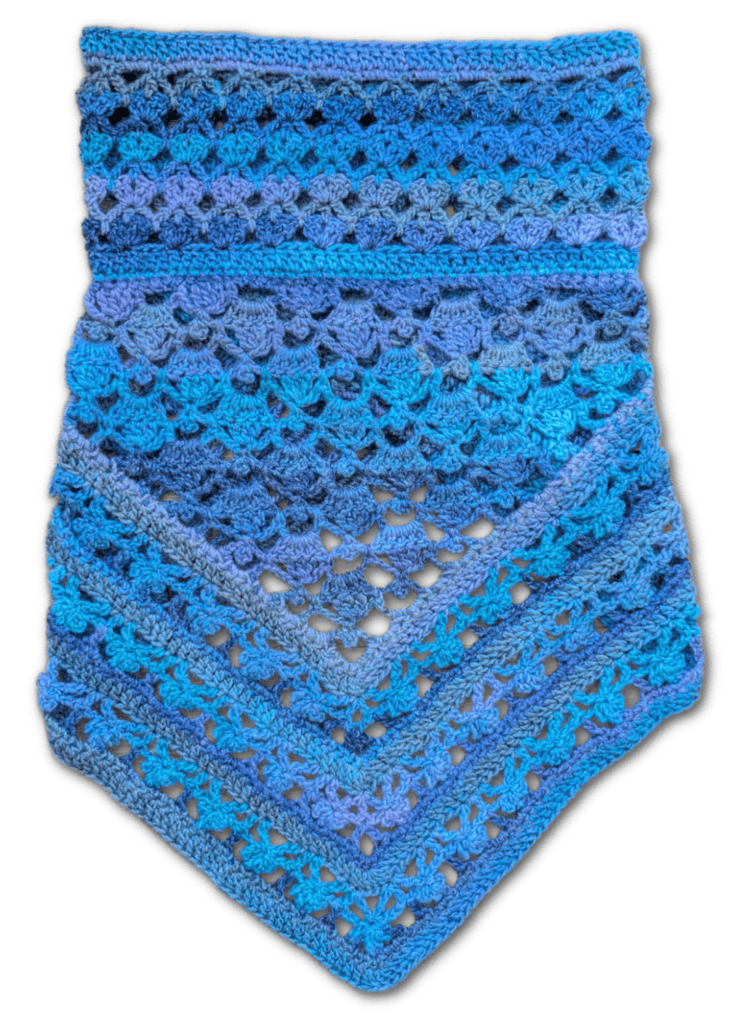 Hand-crocheted cowl scarf in blue-purple gradient, with scalloped openwork stitches and a pointed end.