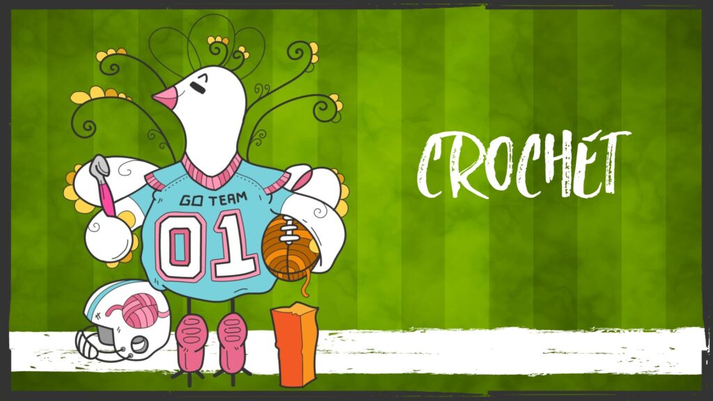 A cartoon bird proudly dons a blue sports jersey emblazoned with "GO TEAM" and "01," ready for Game Day 2025. It stands beside a football helmet, clutching a yarn-crafted football. The word "CROCHET" playfully adorns the green striped backdrop, celebrating creativity and sport. -Marly Bird