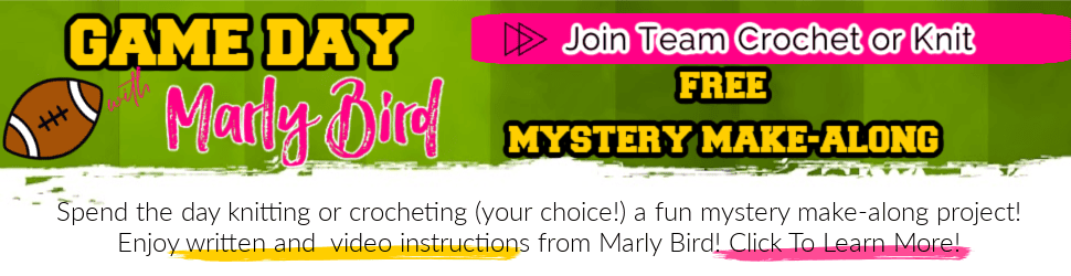 Football-themed event banner showing yarn, crochet hooks, and knitting needles for a mystery make-along and knit cowl.