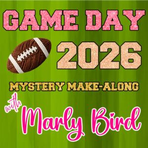 Green striped graphic with "GAME DAY 2026," a yarn football, and "Game Day Mystery Make-Along" for crafters.