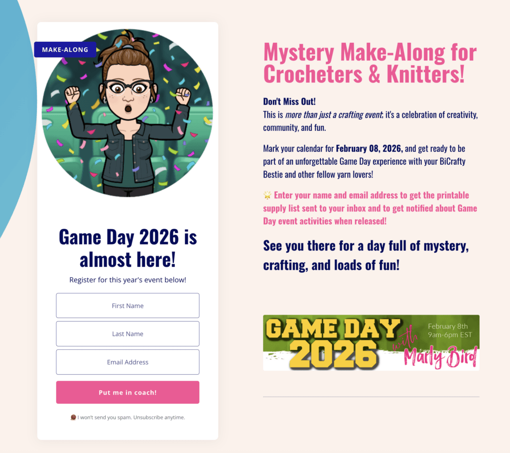 Flyer shows a cartoon woman cheering, crochet and knitting event details, and a textured green Mystery Make-Along graphic.