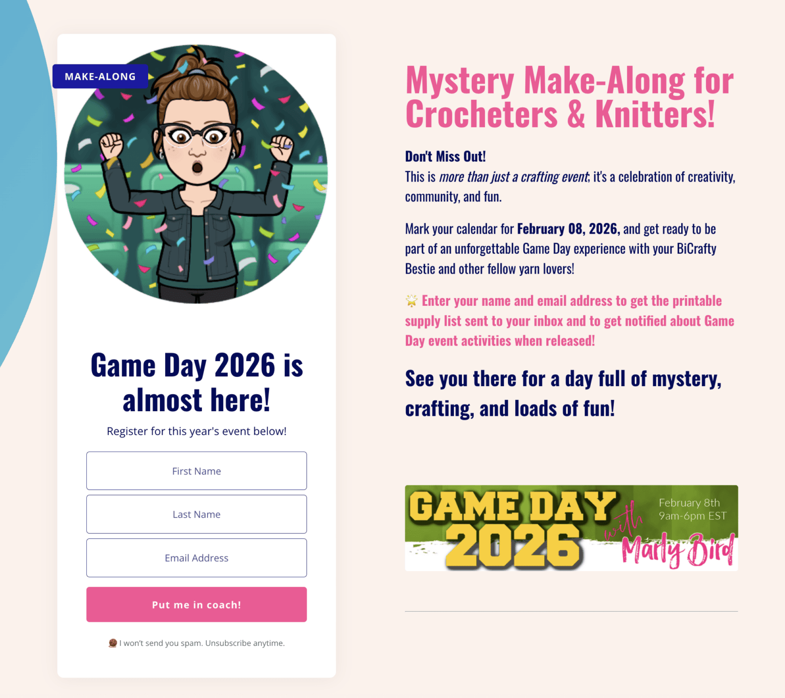 Game Day Mystery Make Along 2026 Free Knit Crochet Super Bowl Make Game Day Mystery Make Along 2026 Sign Up Page 1536x1365 