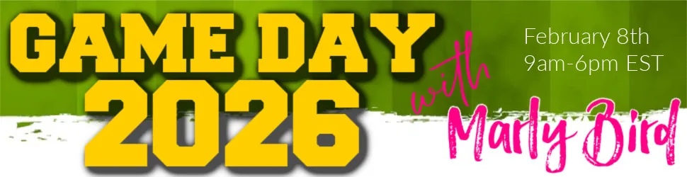 Bold yellow text reads "GAME DAY 2026" on a green background. To the right, smaller text says "February 8th, 9am-6pm EST with Marly Bird" in white and pink lettering—perfect for crochet or knit enthusiasts planning their New Year’s Eve Countdown projects. -Marly Bird